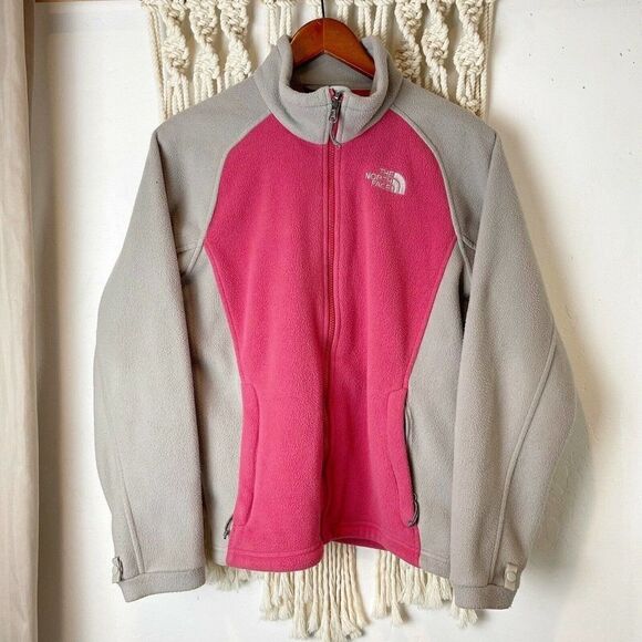 The North Face Jacket MED L Fleece Grey Pink Full Zip Unlined Camping Hiking - Picture 1 of 12